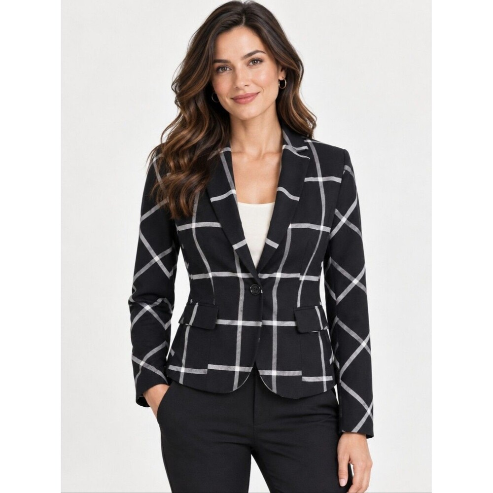 EUC 7th Avenue women's plaid 1 button blazer jacket, 2P, black white